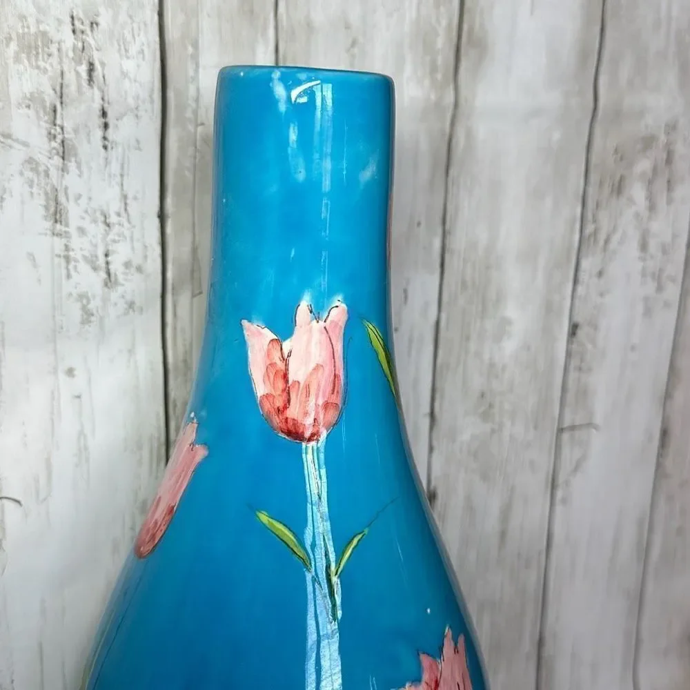 Handpainted Blue Floral 15” Glass Bottle Vase Roses Decorative Blue‎ Painted